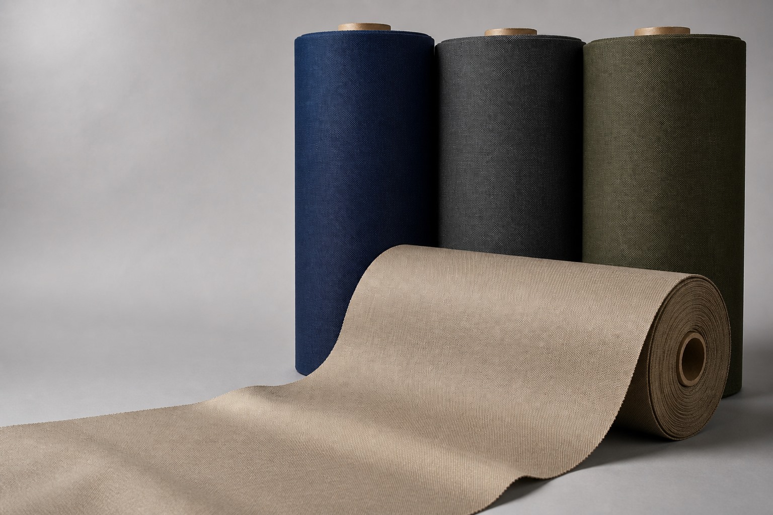 rolls of polyester oxford fabric in navy, charcoal, olive and sand on a studio background