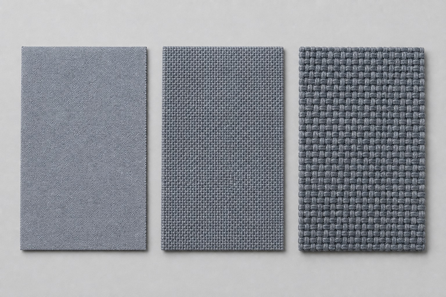 three oxford fabric swatches comparing fine 300D, medium 600D and heavy 900D weave density
