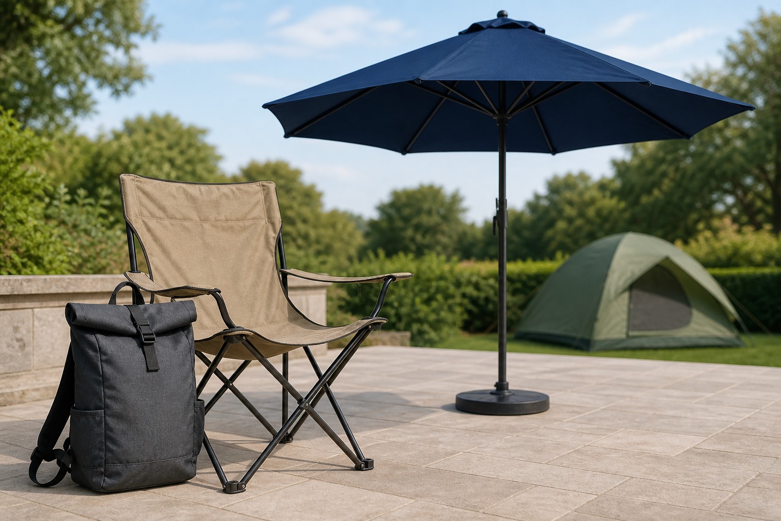 outdoor scene with oxford fabric camping chair, backpack, umbrella and tent